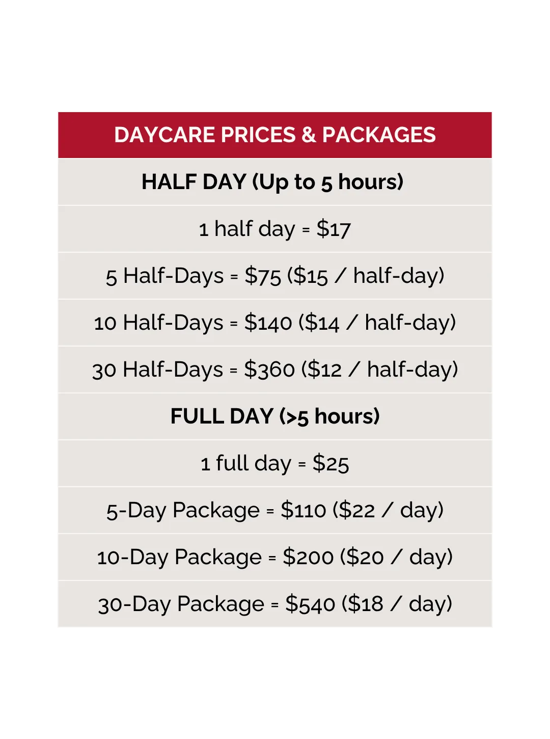 Daycare pricing 2025 - mobile