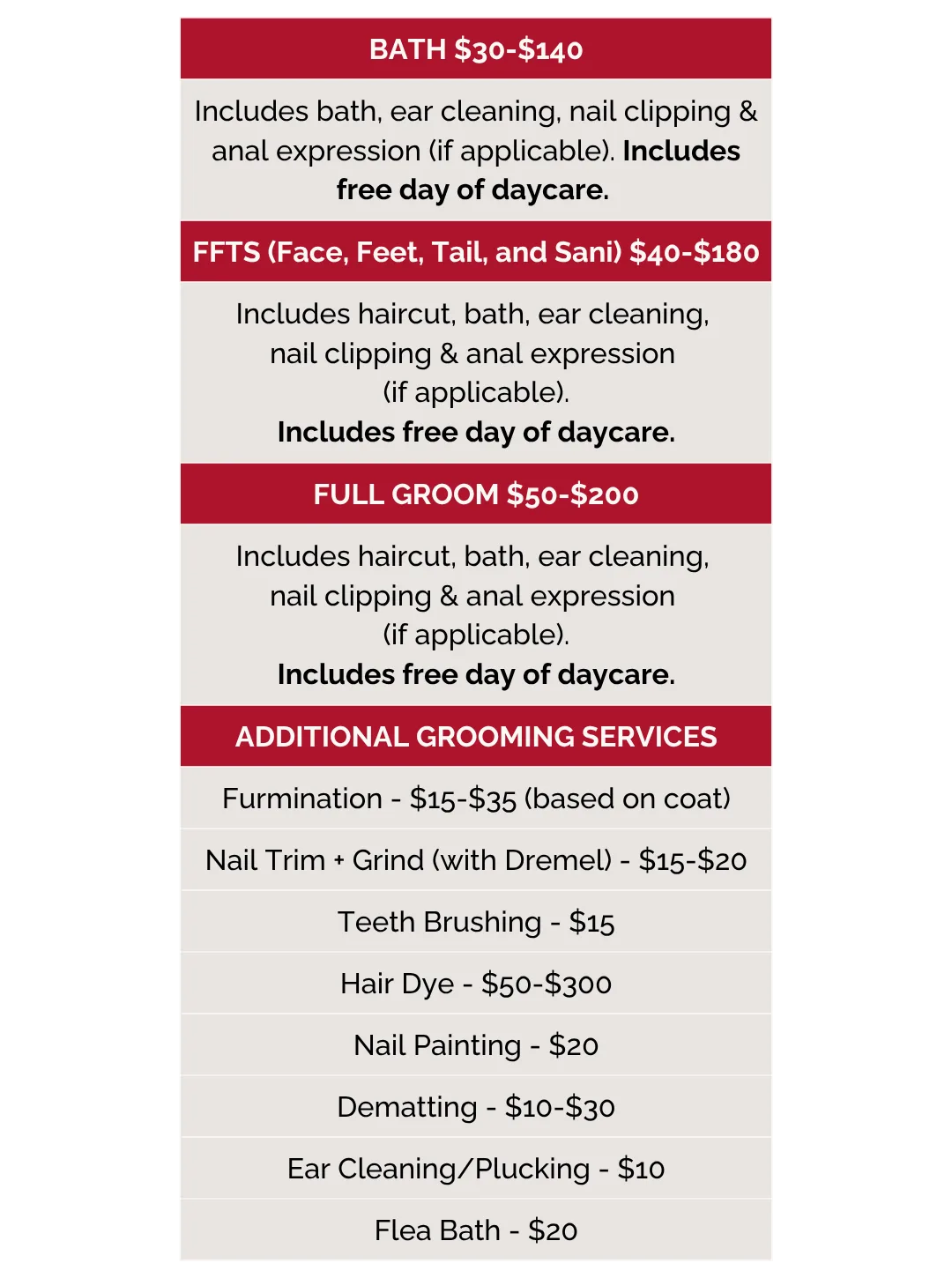 Grooming pricing 2025 - mobile