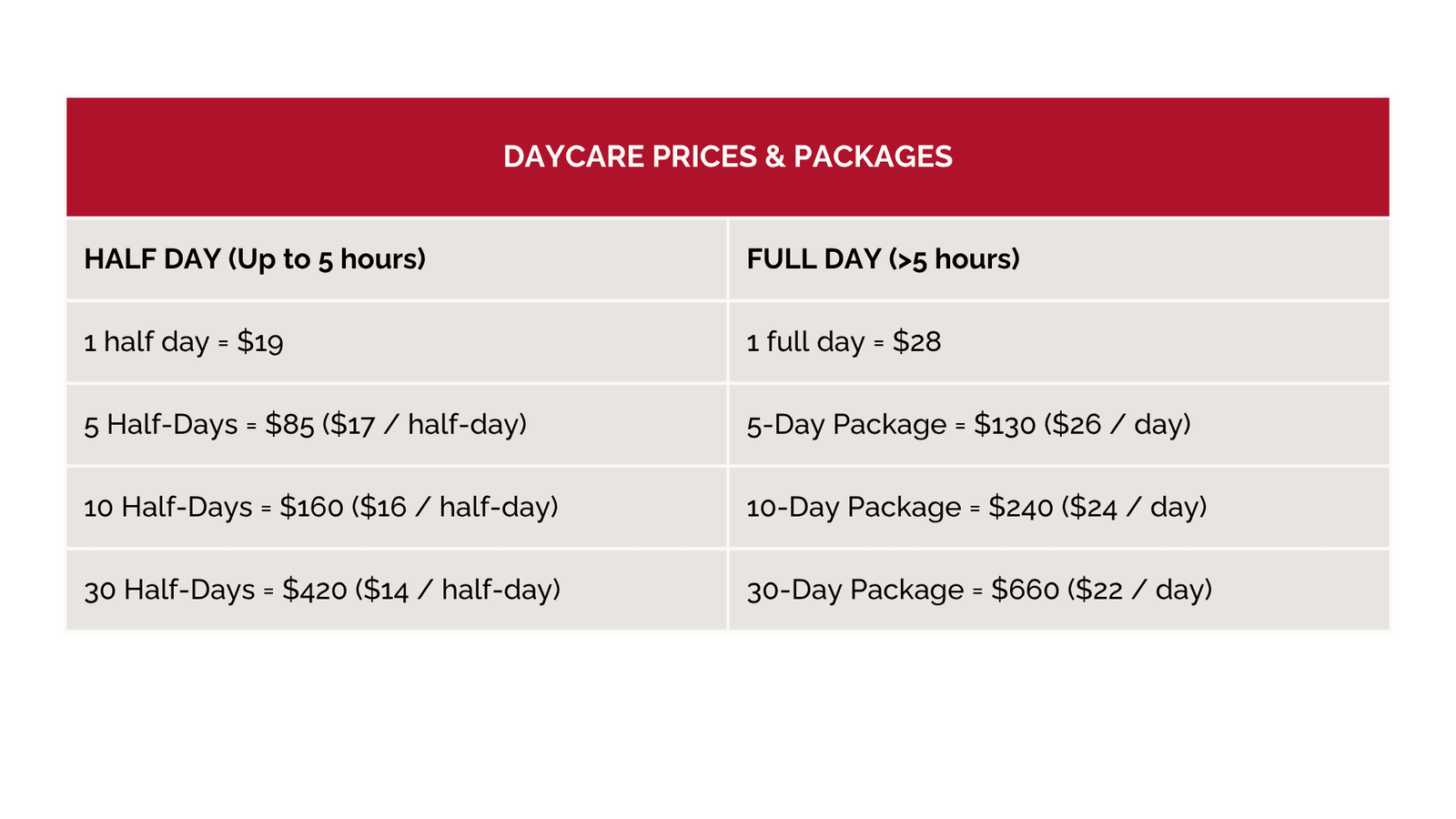 Daycare pricing - Updated June 2026