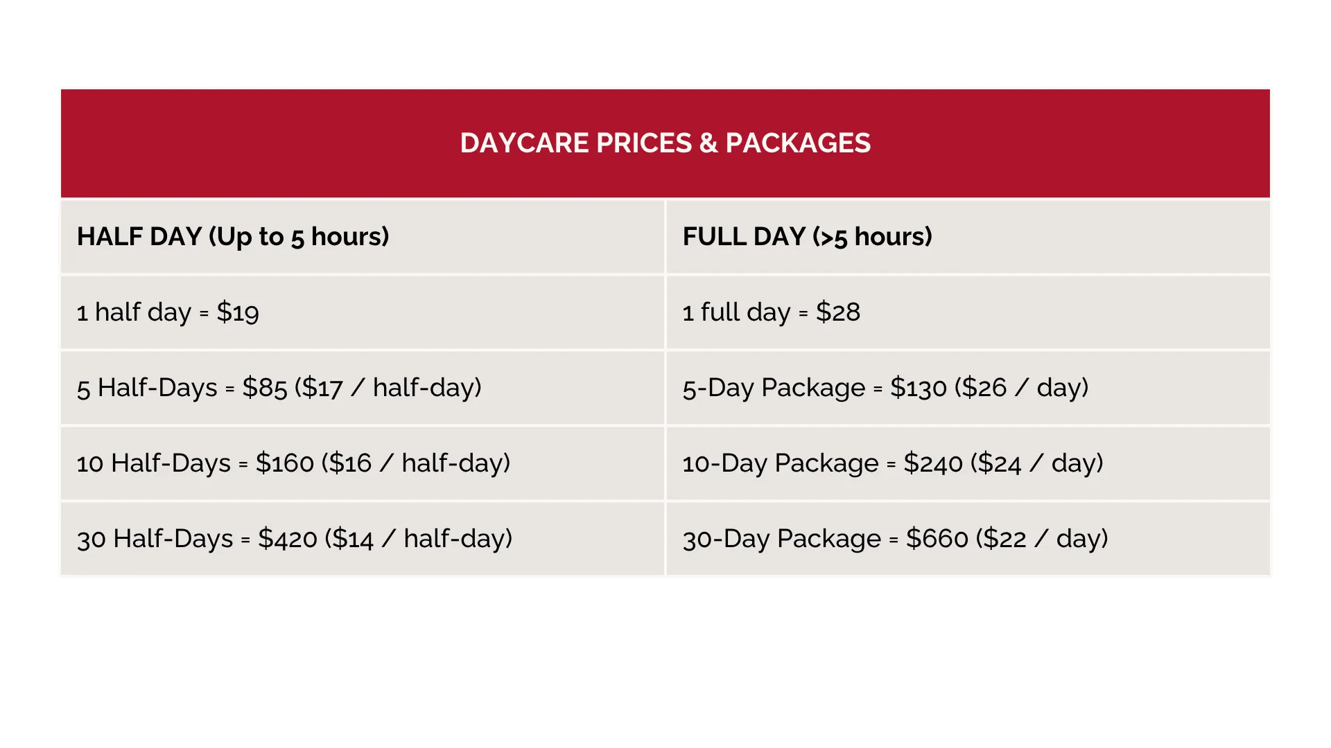 Daycare pricing - Updated June 2026